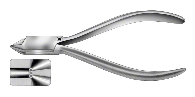 Draht- und Klammerbiegezange in Edelstahl mit Detailansicht der Backen.