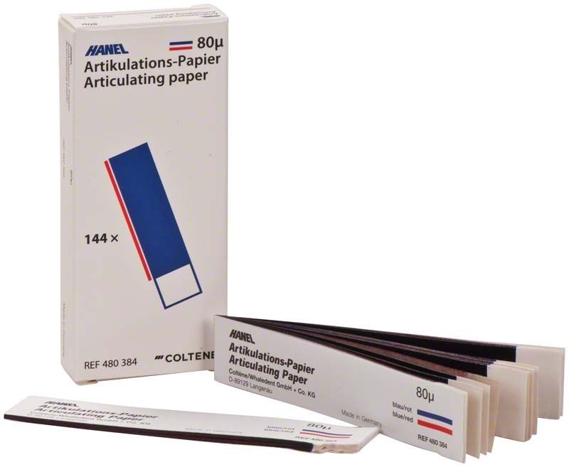 HANEL Artikulationspapier 80µ I-förmig in blau und rot, Verpackung und Streifen sichtbar.