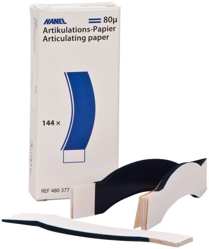 HANEL Artikulationspapier C-förmig 80µ in blau vor Verpackung.