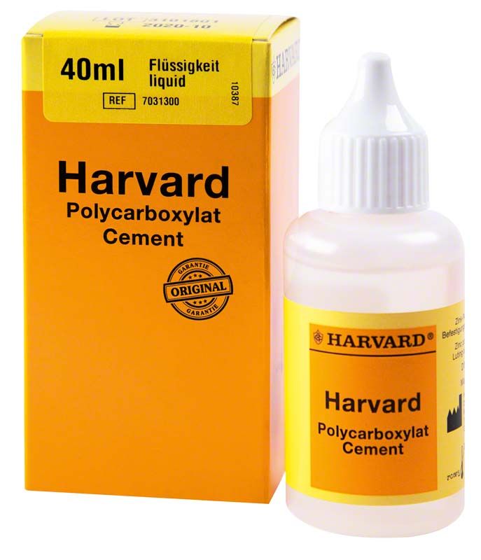 Harvard Polycarboxylat Cement Flüssigkeit 40ml neben Verpackung in Gelb.