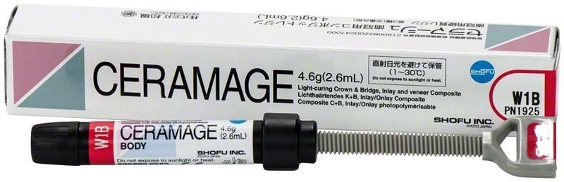 Ceramage Dentin W1B Zahnkomposit in Spritze mit Verpackung.