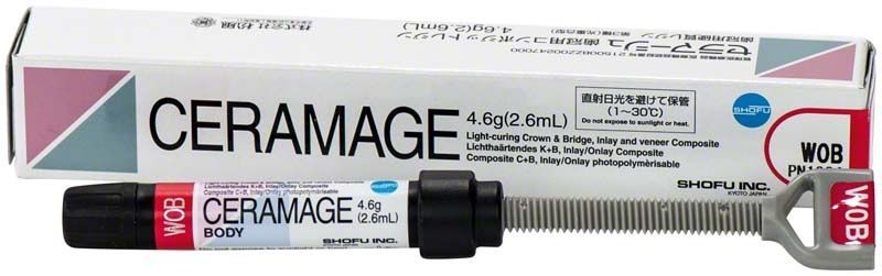 Ceramage Dentin W0B Verblendkunststoff mit Verpackung und Produktdetails.