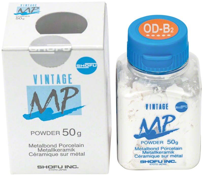 Vintage MP Opaque Dentin 50g OD-B2 Verpackung und Glasflasche.
