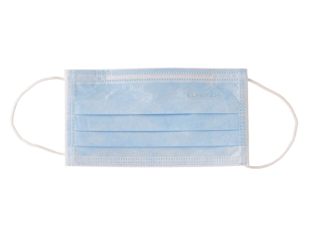 Blauer Einweg-Mundschutz mit Gummizug und Nasenbügel.