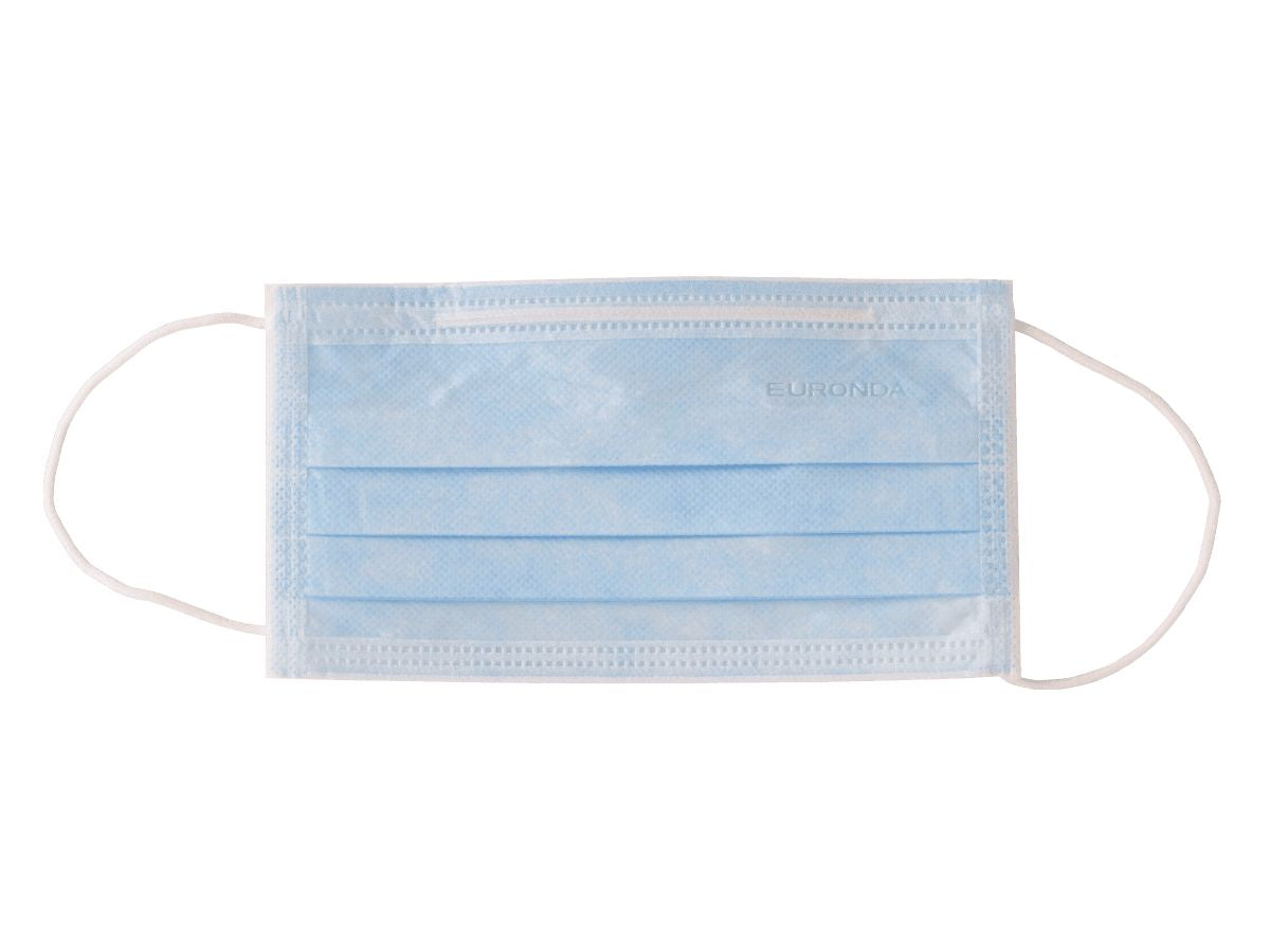 Blauer Einweg-Mundschutz mit Gummizug und Nasenbügel.