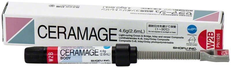 Keramik-Verblendmaterial Ceramage Dentin W2B in Spritze mit Verpackung.