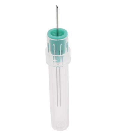 Einmal-Pastenkanüle 21G 0,8 x 23mm mit transparentem Schaft und grünem Ansatz.