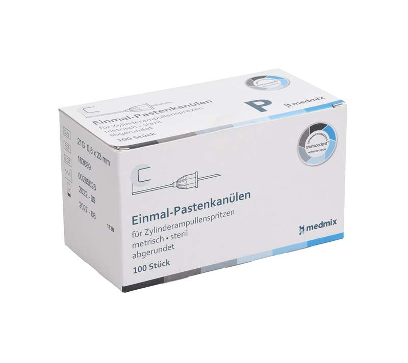 Einmal-Pastenkanülen-Verpackung mit Produktinformationen und medmix-Logo.