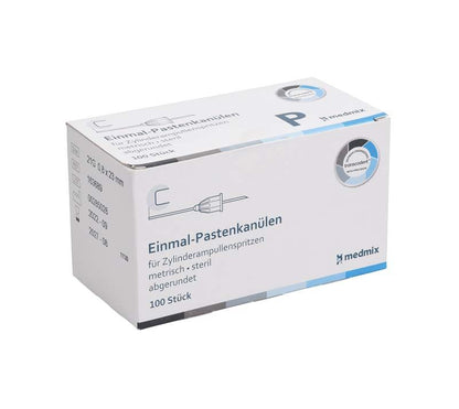 Einmal-Pastenkanülen-Verpackung mit Produktinformationen und medmix-Logo.