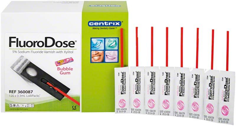FluoroDose® 120er Bubble Gum Natriumfluoridlack in LolliPack-Einwegverpackung.