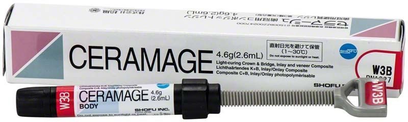Ceramage Dentin W3B Composite mit Verpackung und Applikator.