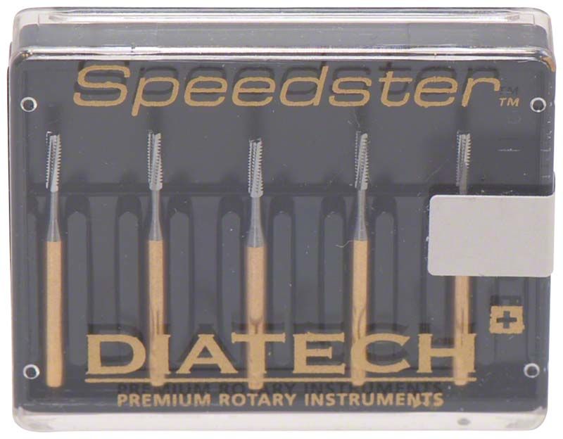 Kunststoffverpackung mit fünf DIATECH Speedster FG S4 009 Zahnbohrern.