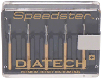 Kunststoffverpackung mit fünf DIATECH Speedster FG S4 009 Zahnbohrern.