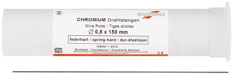 CHROMIUM Drahtstangen, federhart, 0,8 x 150 mm in weißer Verpackung.
