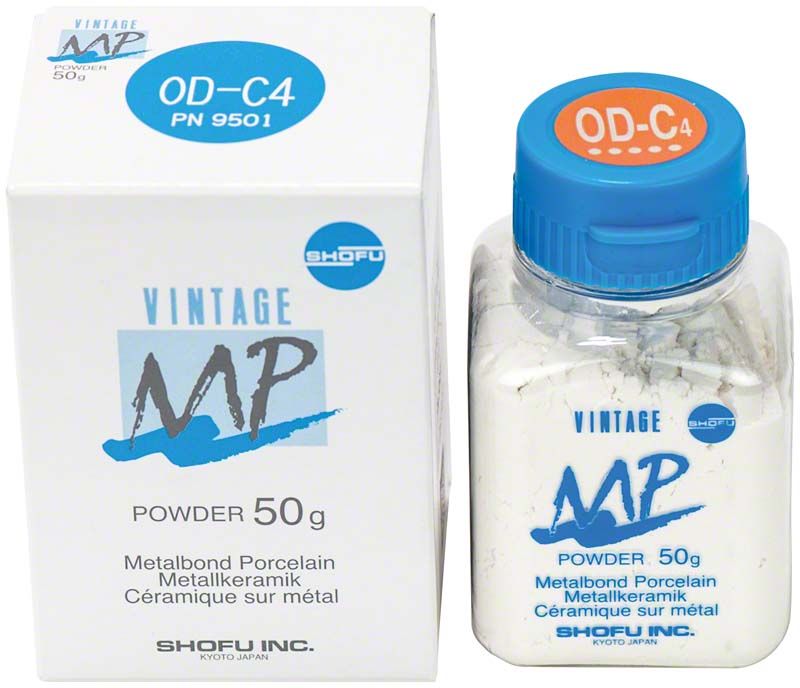 Vintage MP Opaque Dentin 50g OD-C4 in Originalverpackung mit blauem Deckel.