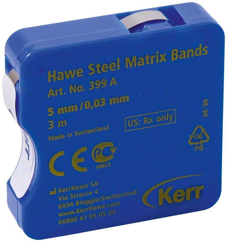 Hawe Stahl-Matrizenbänder in blauer Spenderdose mit Produktinformationen.