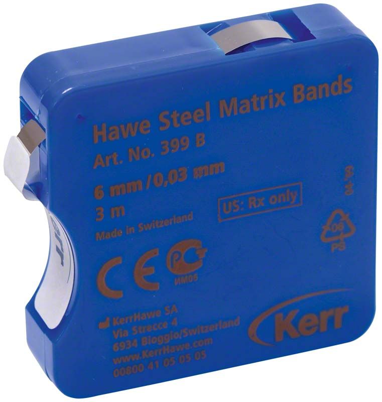Blaue Spenderdose mit Hawe™ Stahl-Matrizenbändern, 6 mm Breite, 0,03 mm Stärke.