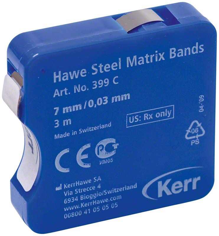 Blaue Spenderdose für Hawe Stahl-Matrizenbänder, 7 mm Breite, 0,03 mm Stärke.