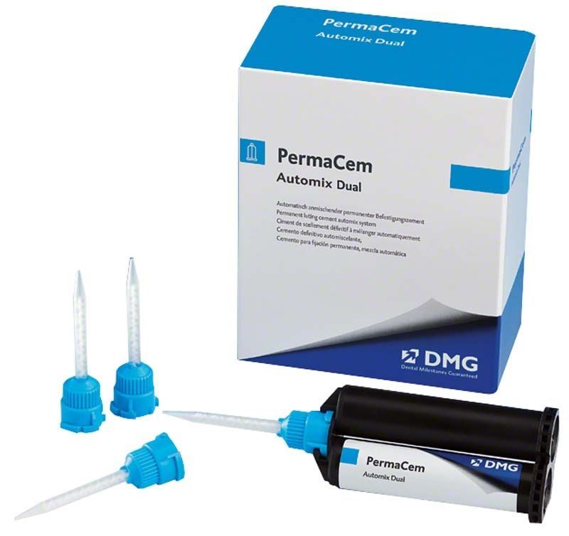 Permacem-Dual Automix Kartusche mit blauen Mischkanülen und Verpackung.