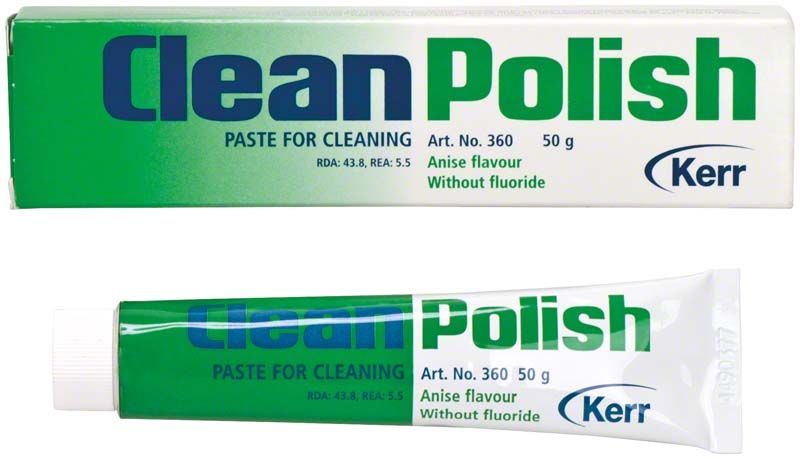 CleanPolish Zahnreinigungs- und Polierpaste in Tube und Verpackung.