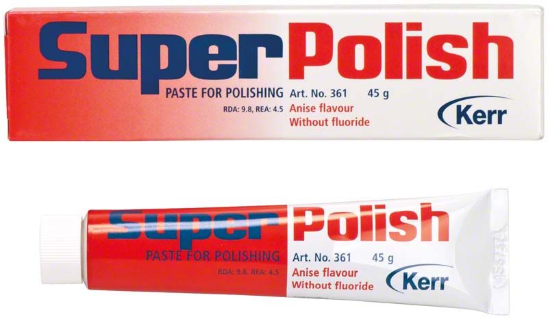 SuperPolish Hochglanzpaste von Kerr in roter und weißer Verpackung.