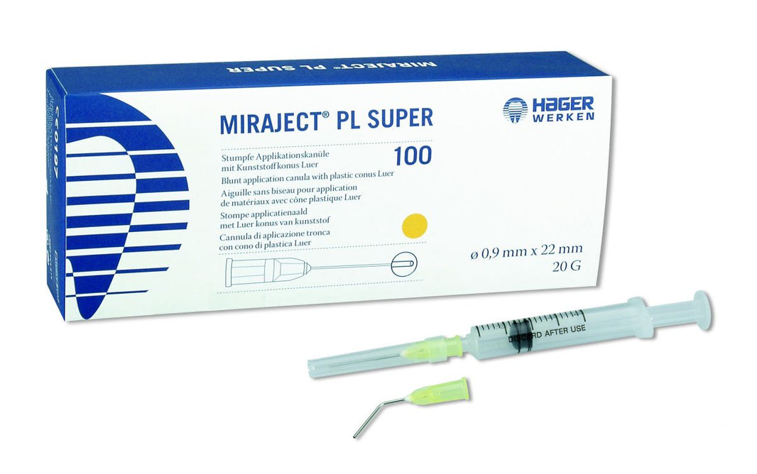 Miraject PL Super 20G Applikationskanüle und Verpackung für den dentalen Einsatz.
