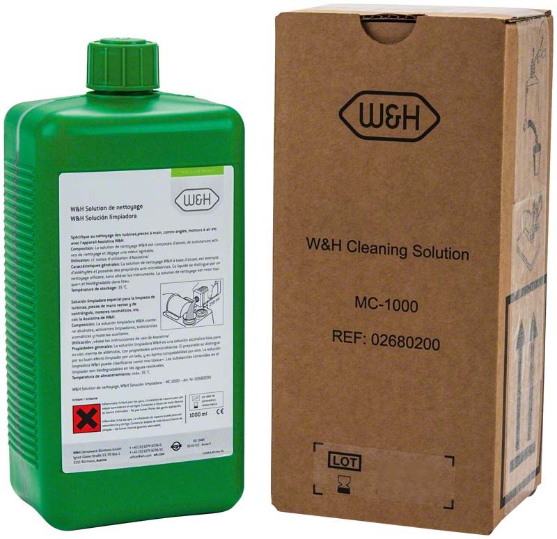 Grüne Flasche der MC-1000 W&H Reinigungslösung mit Verpackung.