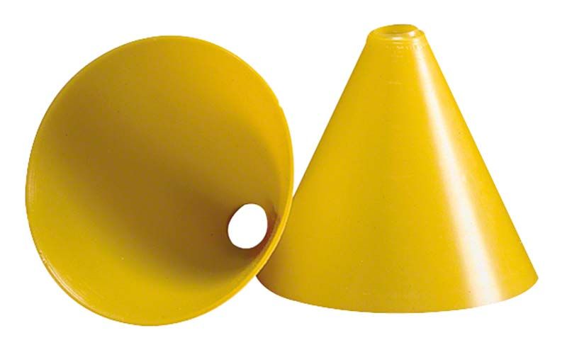 Gelber Gusstrichterformer M, bestehend aus zwei konischen Kunststoffteilen.