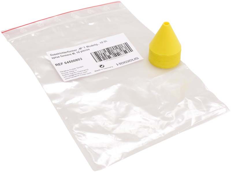 Gelber Gusstrichterformer M auf transparenter Verpackung mit Etikett.
