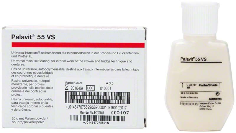 Palavit® 55 VS Pulver 20g und Flasche auf weißem Hintergrund.