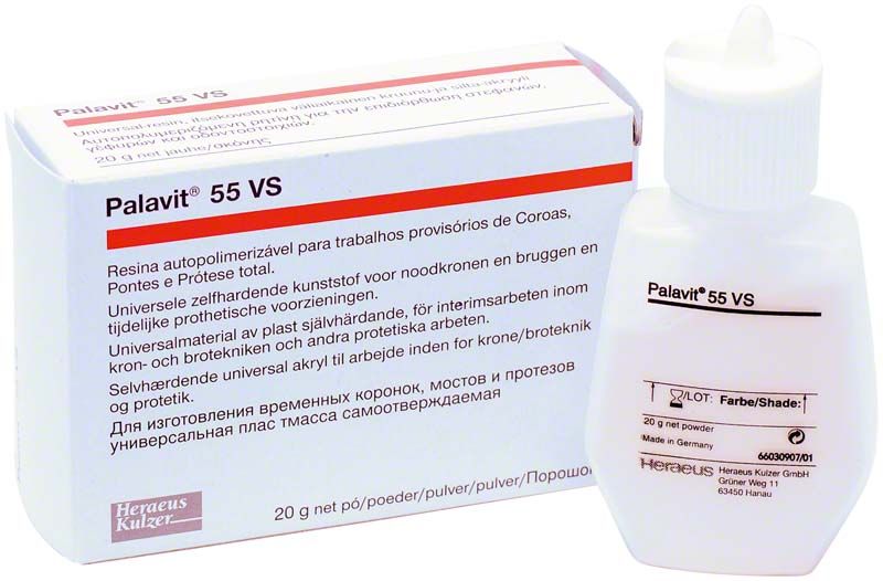 Palavit® 55 VS 20g Pulver und Flüssigkeit mit Verpackung und Produktinformationen.
