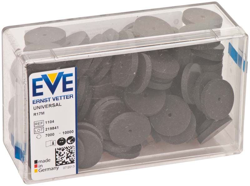Kunststoffbox mit schwarzen, runden Schleifscheiben und Etikett "EVE UNIVERSAL".