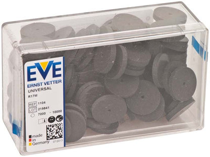 Kunststoffbox mit schwarzen, runden Schleifscheiben und Etikett "EVE UNIVERSAL".