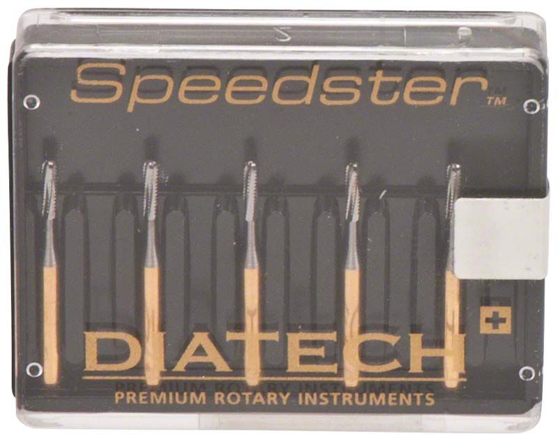 Transparente Kunststoffverpackung mit fünf DIATECH Speedster FGS S5 010 rotierenden Instrumenten.