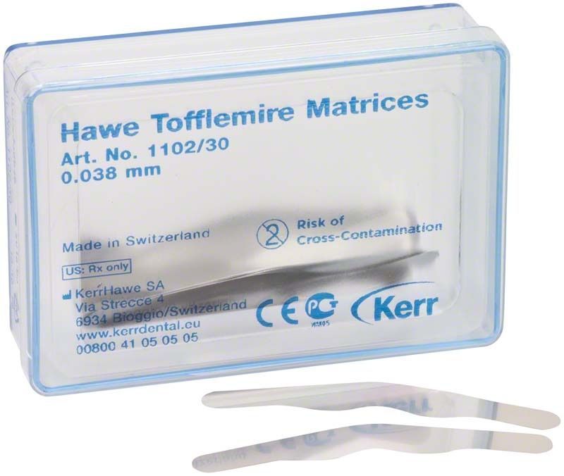 Hawe Tofflemire Matrizen 1102/30 in transparenter Kunststoffverpackung.