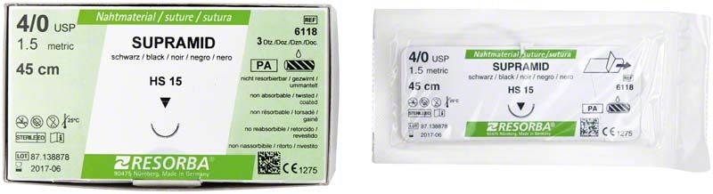 Nahtmaterial RESORBA® SUPRAMID HS15 4/0 45cm in Originalverpackung.