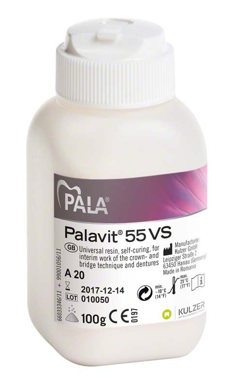 Weiße Flasche mit Palavit® 55 VS 100g Pulver-Etikett und Produktinformationen.