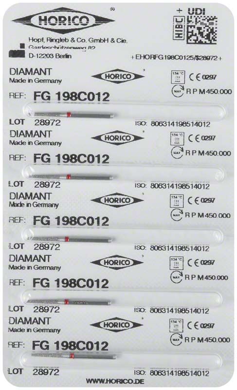 Blisterpackung mit Diamant FG 198C 012 Dentalinstrumenten.