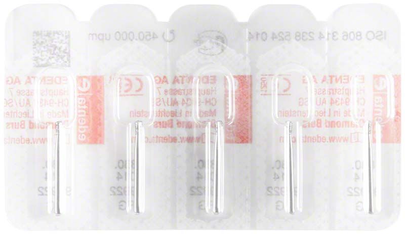 Blisterpackung mit vier Diamant FG 830 014 Zahnarztbohrern.