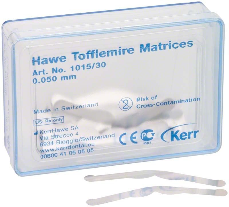 Hawe Tofflemire Matrizen 1015/30 Verpackung mit Matrizen und Produktdetails.