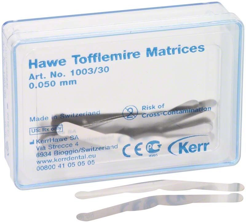Hawe Tofflemire Matrizen 1003/30 in transparenter Verpackung mit Produktinformationen.