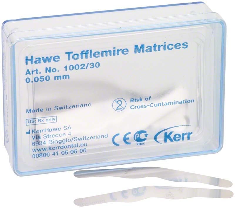 Hawe Tofflemire Matrizen 1002/30 in transparenter Verpackung.