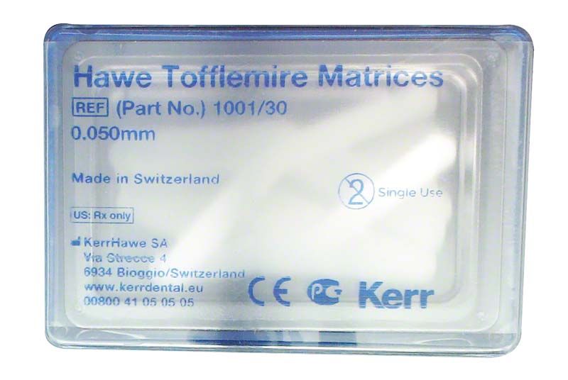 Verpackung der Hawe Tofflemire Matrizen 1001/30, 0,05 mm, Einweg.