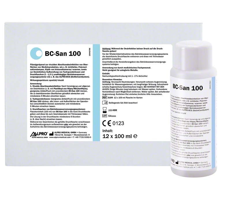 BC-San 100 Desinfektionsmittel 12x100ml Verpackung und Flasche.