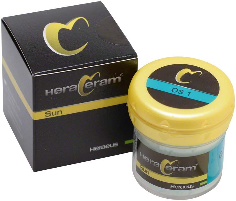 HeraCeram® Sun Opalschneide OS1 in gelbem Behälter und schwarzer Verpackung.