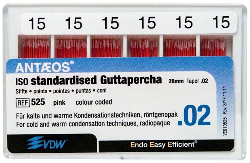 Guttapercha-Stifte ISO 15 in rosa, verpackt in Kunststoffbox.