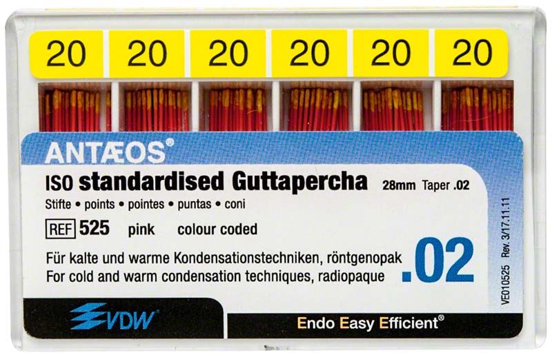 Guttapercha-Stifte Gr. 20/.02 gelb in Kunststoffbox von VDW.