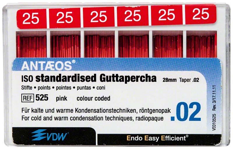 Guttapercha-Stifte .02 Gr. 25 rot in Verpackung von VDW.