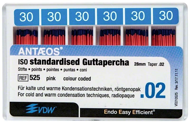 Guttapercha-Stifte .02 Gr. 30/.02 blau von VDW in Verpackung.
