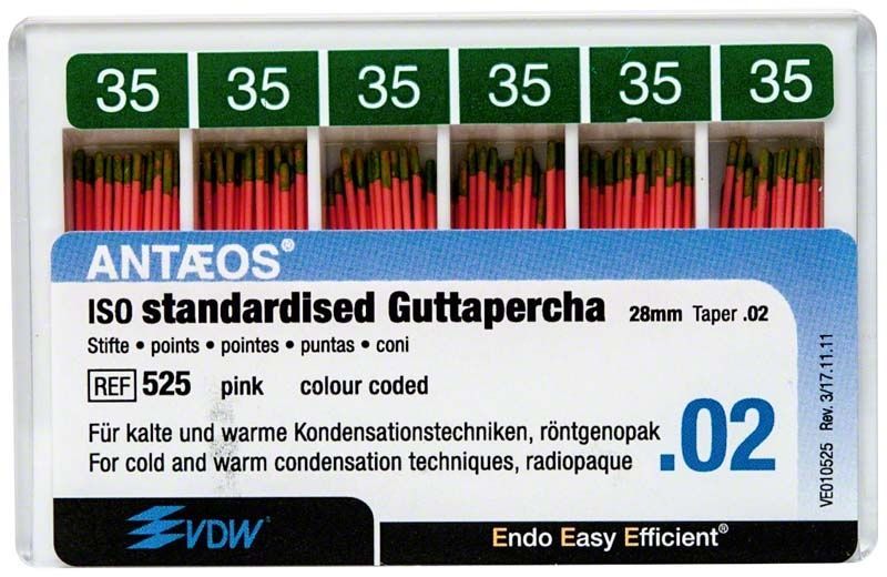 Guttapercha-Stifte .02 Gr. 35 in grüner Verpackung von VDW.
